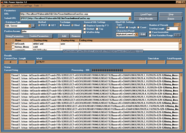 Screen 2: SQL Power injector with Blind technique